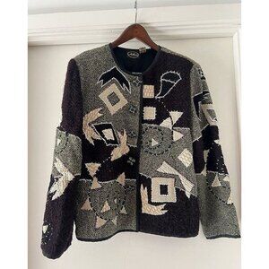 Vintage 1980s XL Woman ALLURE Brown Gray Geometric Patchwork Wearable Art Jacket